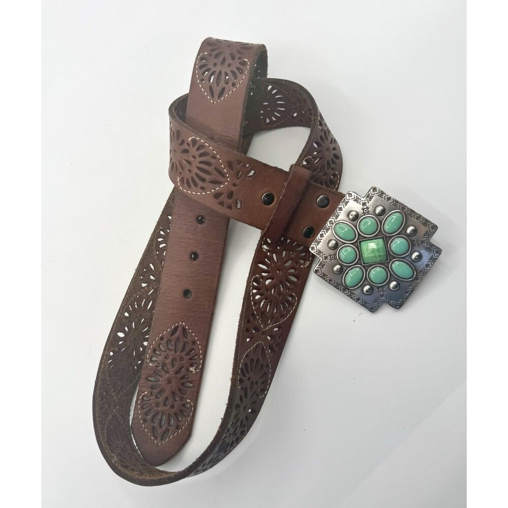 Leather Ariat Brown Belt 30-34in Turquoise Color Inlaid Large Buckle Attached